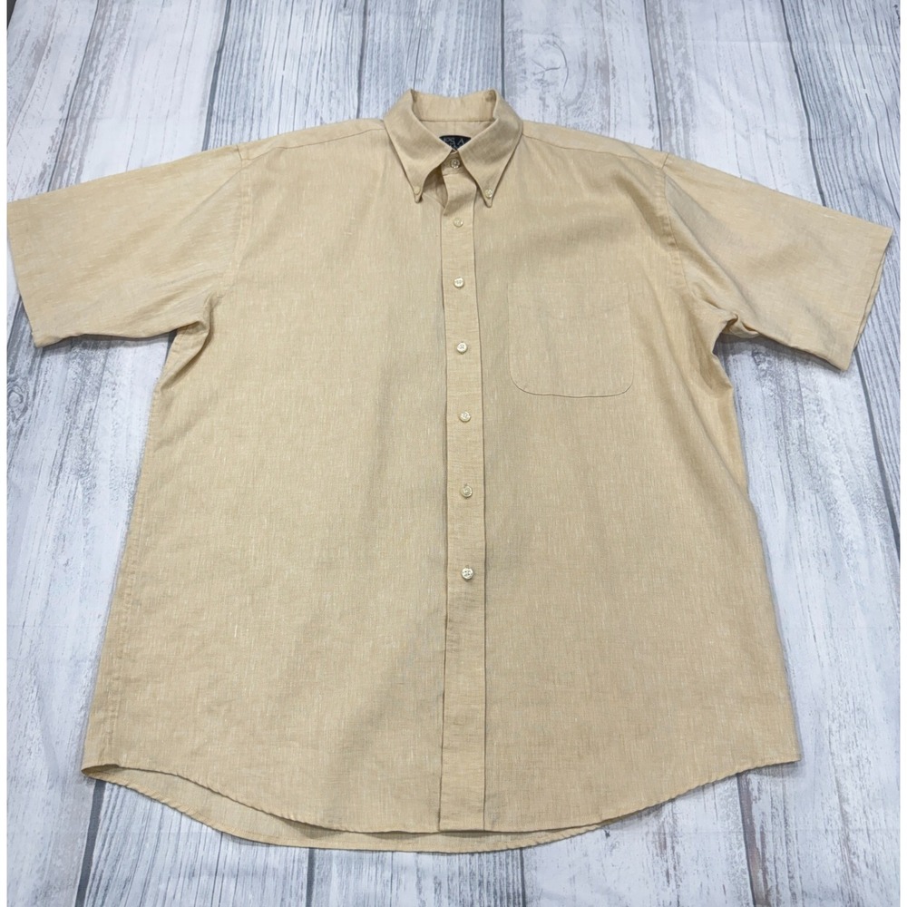Jos A Bank Linen Button Shirt L Short Sleeve Beige Beach‎ Casual Mens